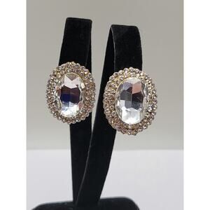 Vintage 1960s Clear Rhinestone Clip-On Earrings Oval Crystal & AB Halo